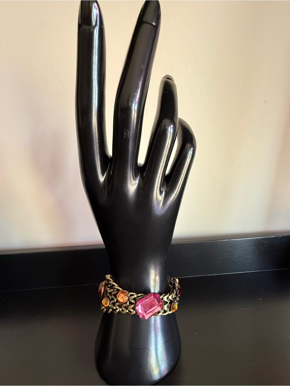 Boho Statement Bracelet / Gold Tone Chain Link With Pink and Amber RhineStones